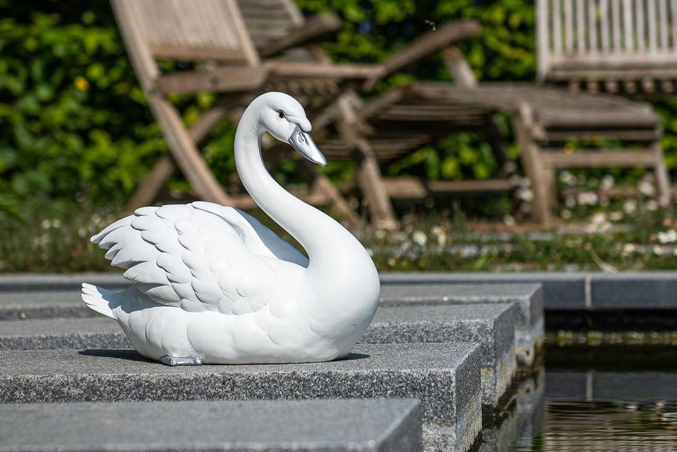 A statue of a white and silver swan by a pond in a garden Garden ID