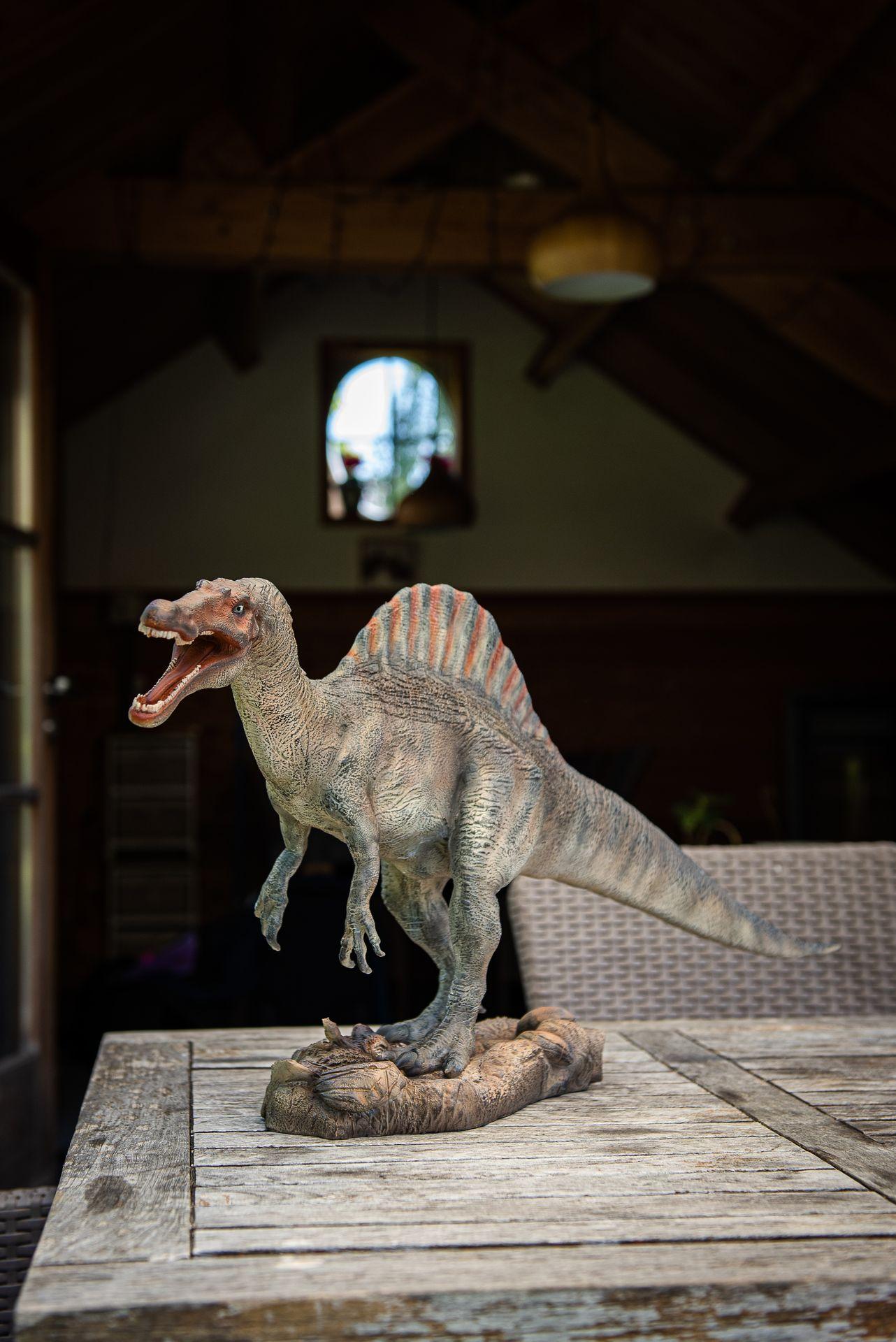 Garden ID Spinosaurus-Statue auf einem Holztisch